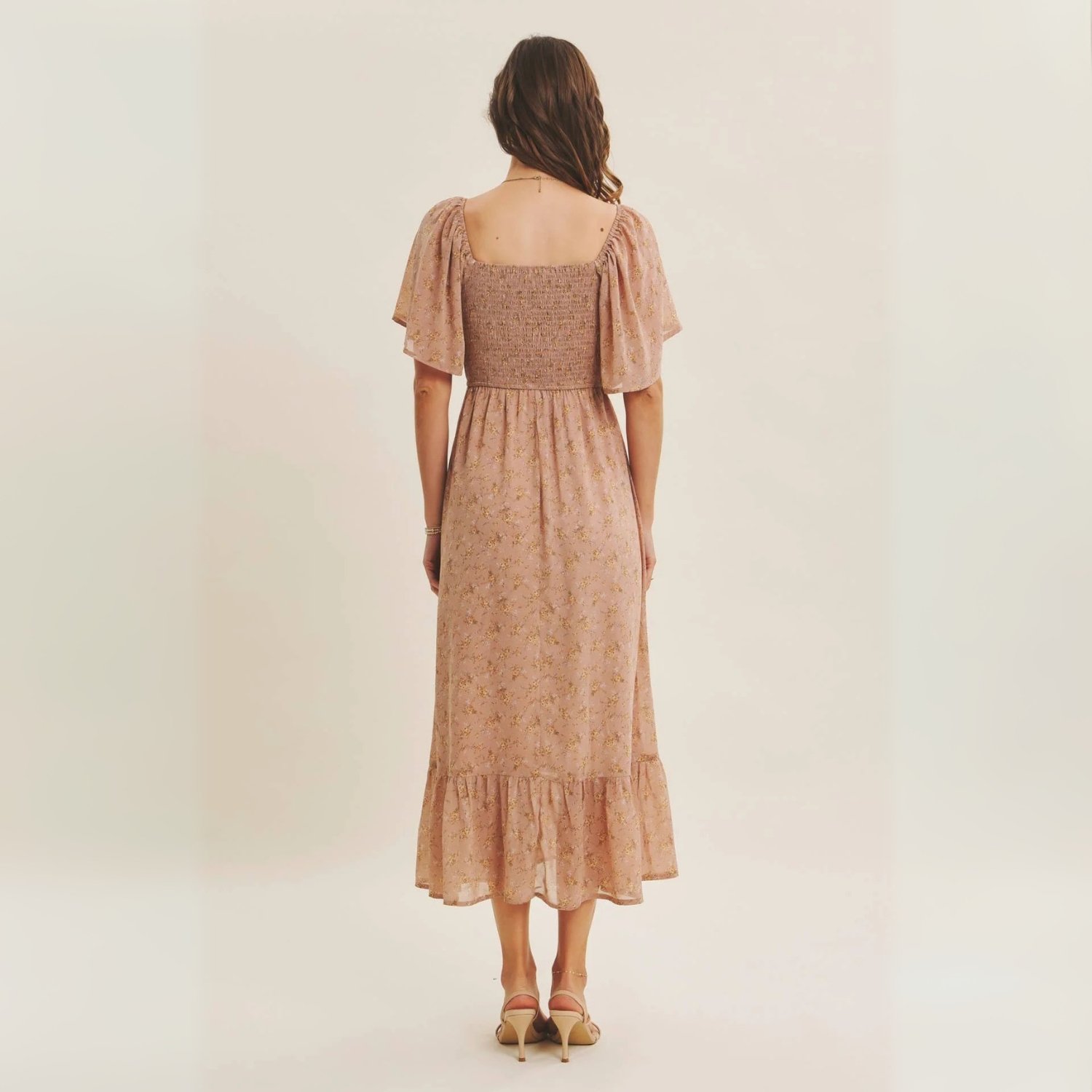 Ariana Square Neck Floral Chiffon Smocked Midi Dress