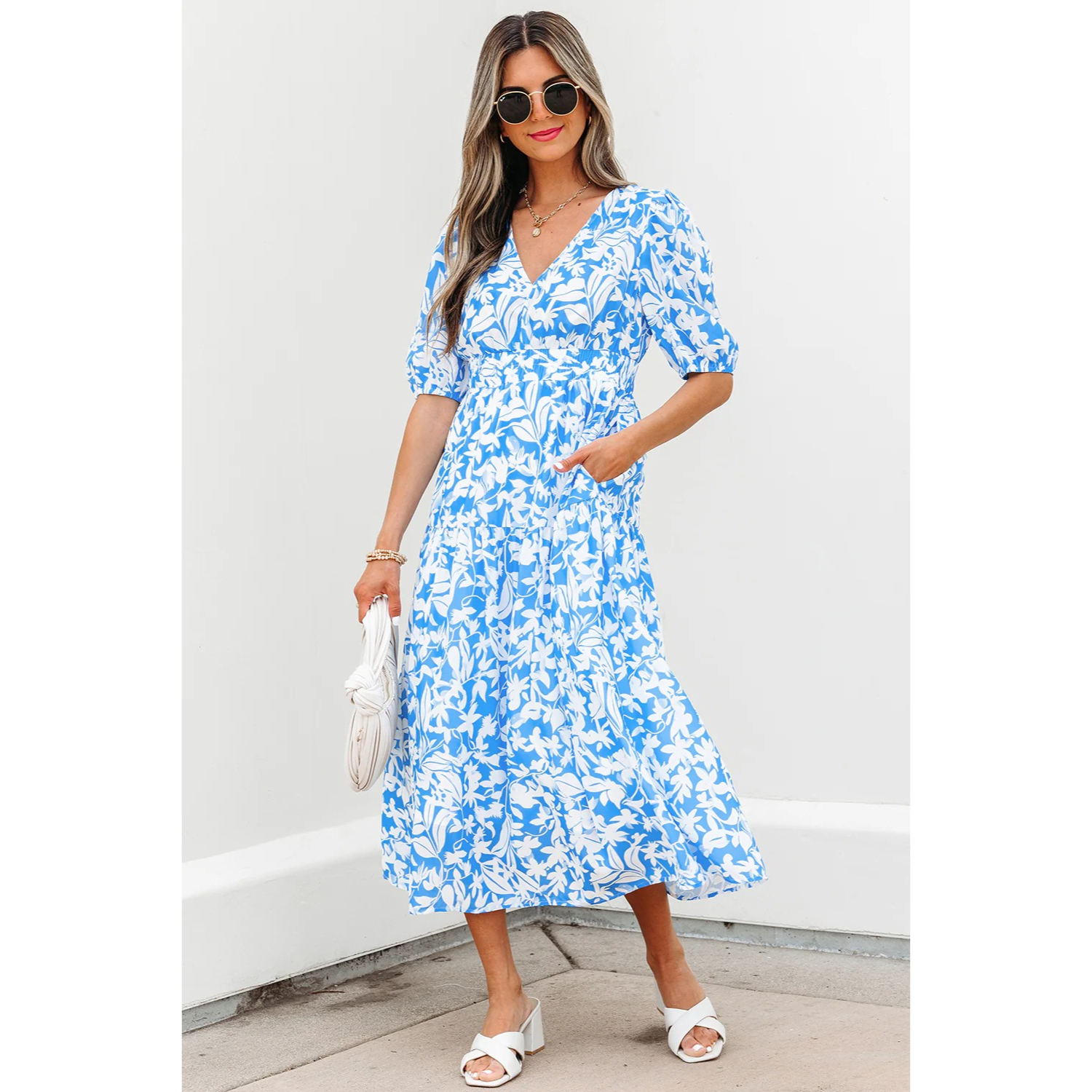Stacey-Sky Blue Floral V Neck Puff Short Sleeve Flowy Long Dress