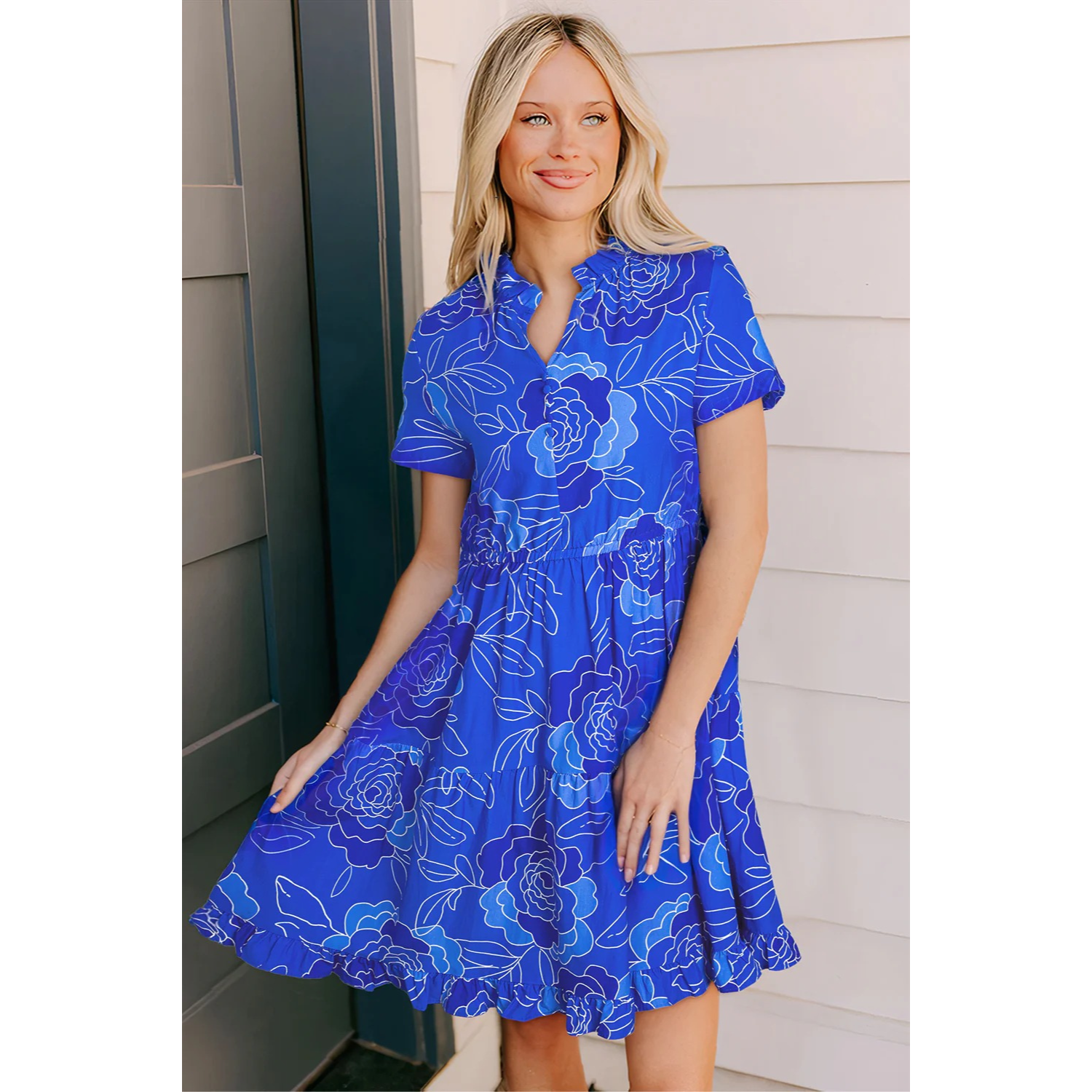 Lola-Blue Floral Ruffled Hem V Neck Short Sleeve Flowy Mini Dress