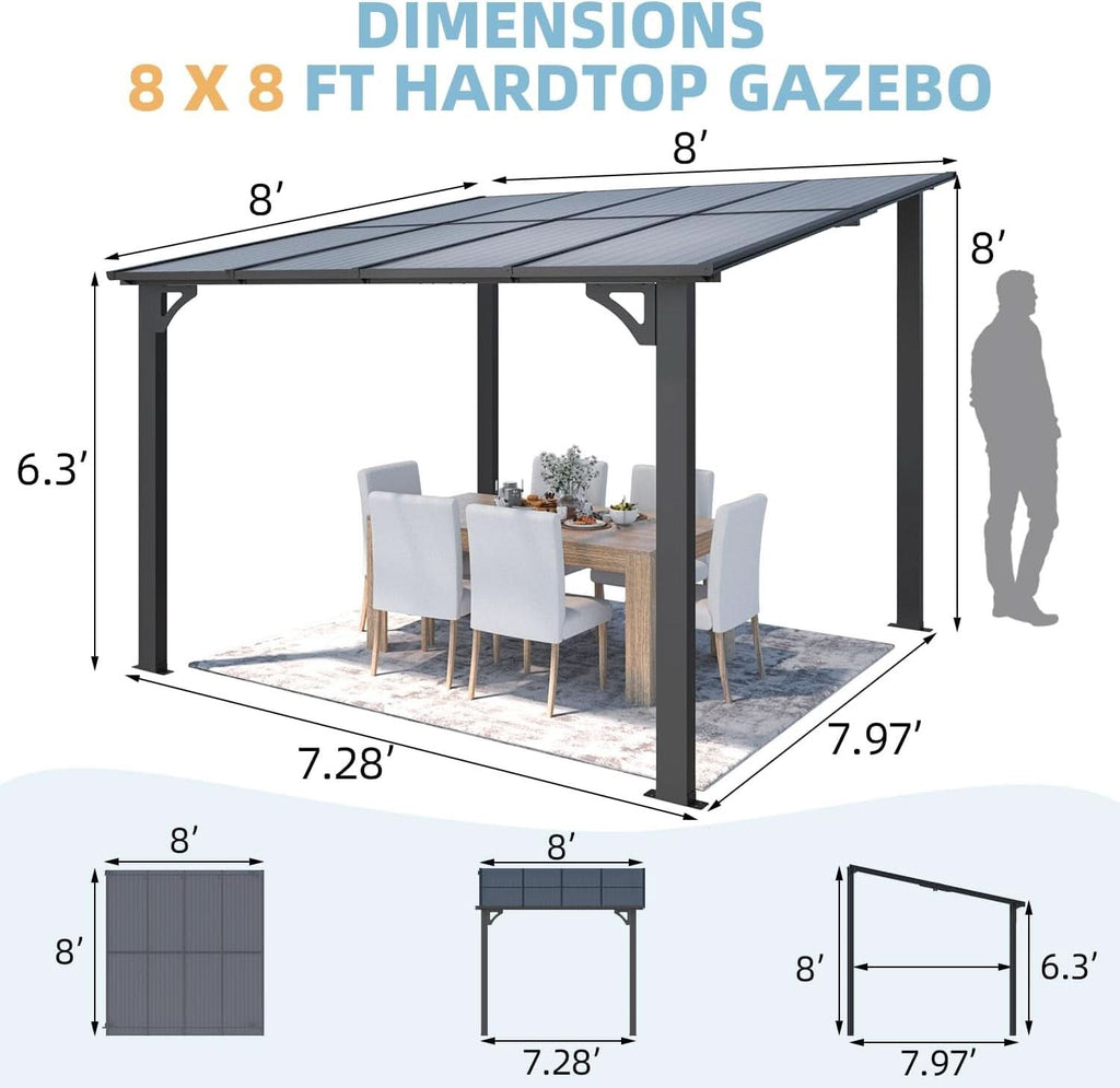 8x8 Waterproof Wall Mounted Lean To Gazebo for Patio
