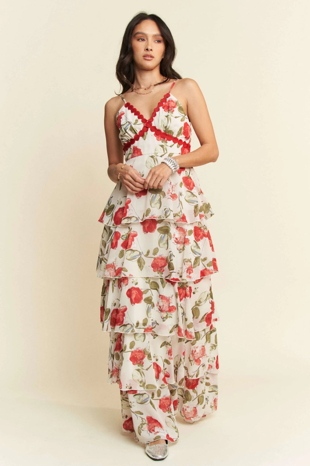 Contrast Ring Lace Layered Ruffle Maxi Cami Dress