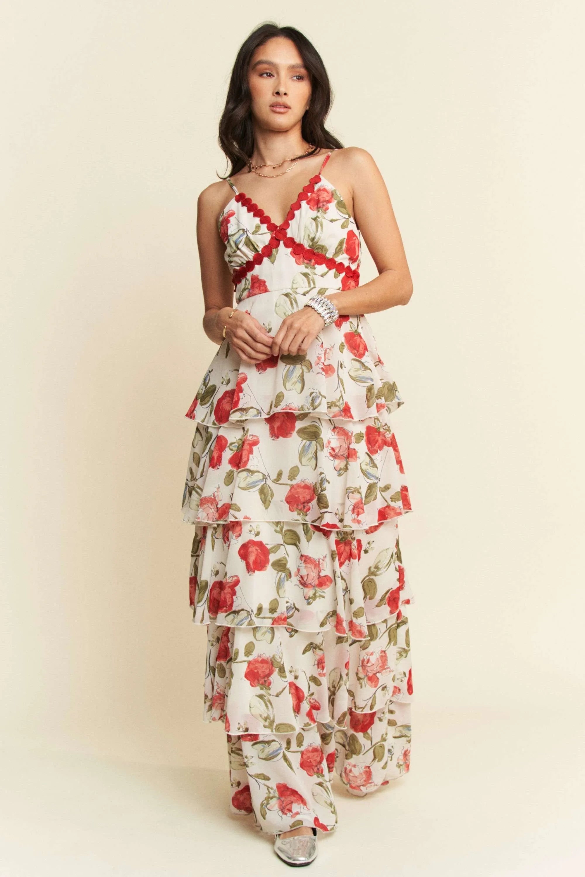 Contrast Ring Lace Layered Ruffle Maxi Cami Dress