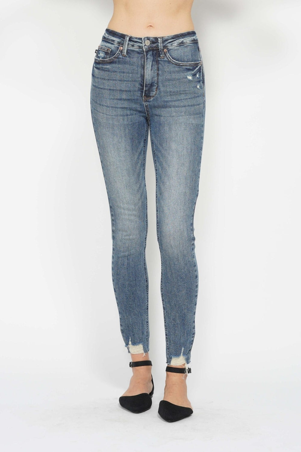 Judy Blue Tummy Control Skinny Jeans Vintage Wash With Destroyed Hem For Curvy Women
