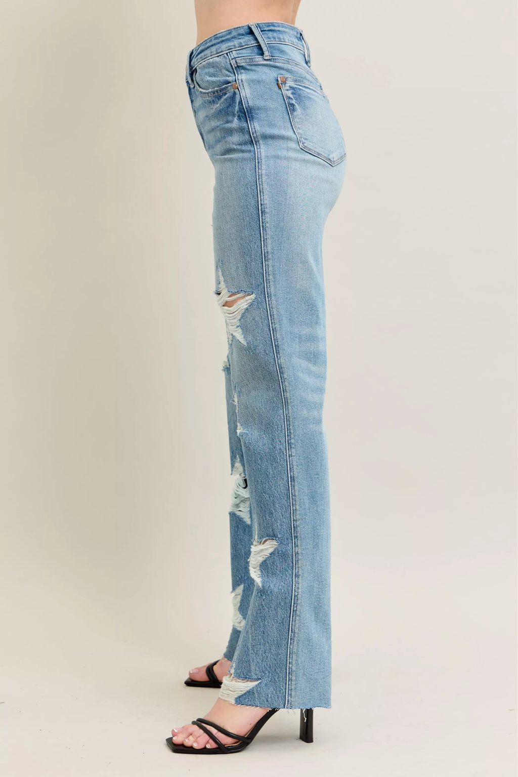 Judy Blue High Waist Rigid Jeans With Edgy Magic Star Destroy Detail 90s Straight Leg Plus Size