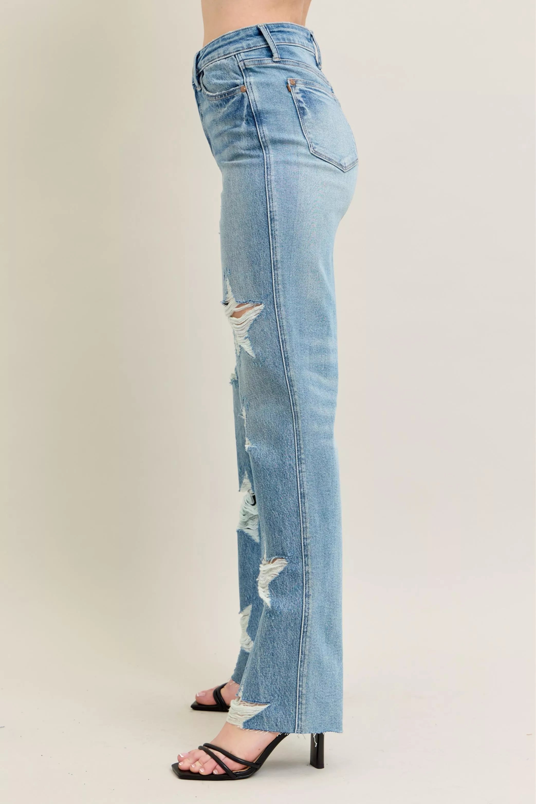Judy Blue High Waist Rigid Jeans With Edgy Magic Star Destroy Detail 90s Straight Leg Plus Size