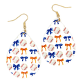 Teardrop Gameday Bow Baseball White Orange Blue Earrings
