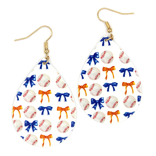 Teardrop Gameday Bow Baseball White Orange Blue Earrings