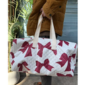 Burgundy Bow Print Quilted Design Duffel Bag