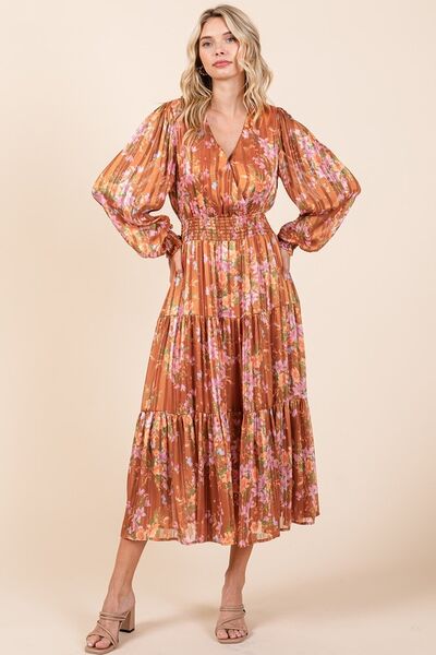 Bloom & Shine Satin Lurex Smocked Midi Dress 🌸✨