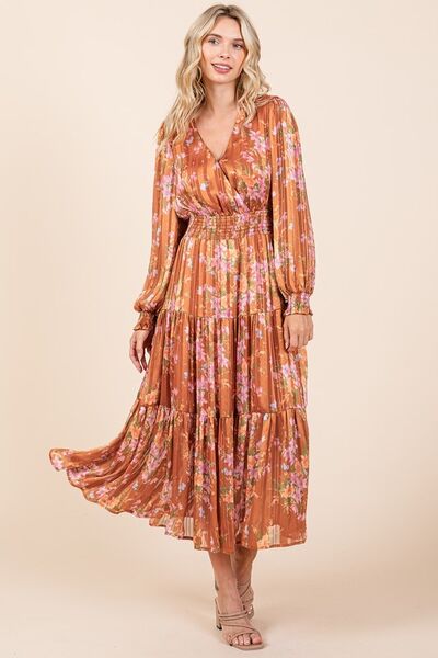 Bloom & Shine Satin Lurex Smocked Midi Dress 🌸✨