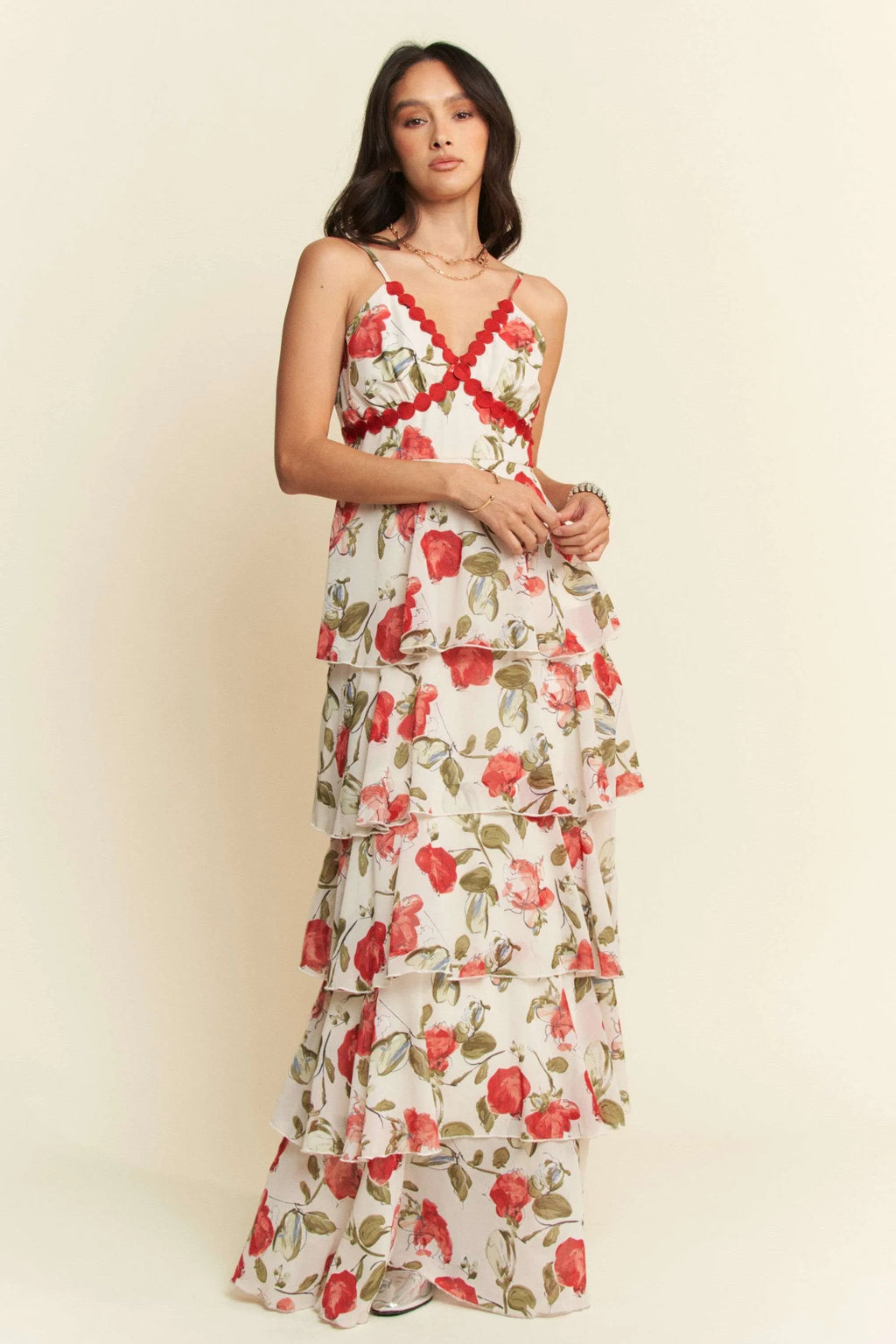 Contrast Ring Lace Layered Ruffle Maxi Cami Dress