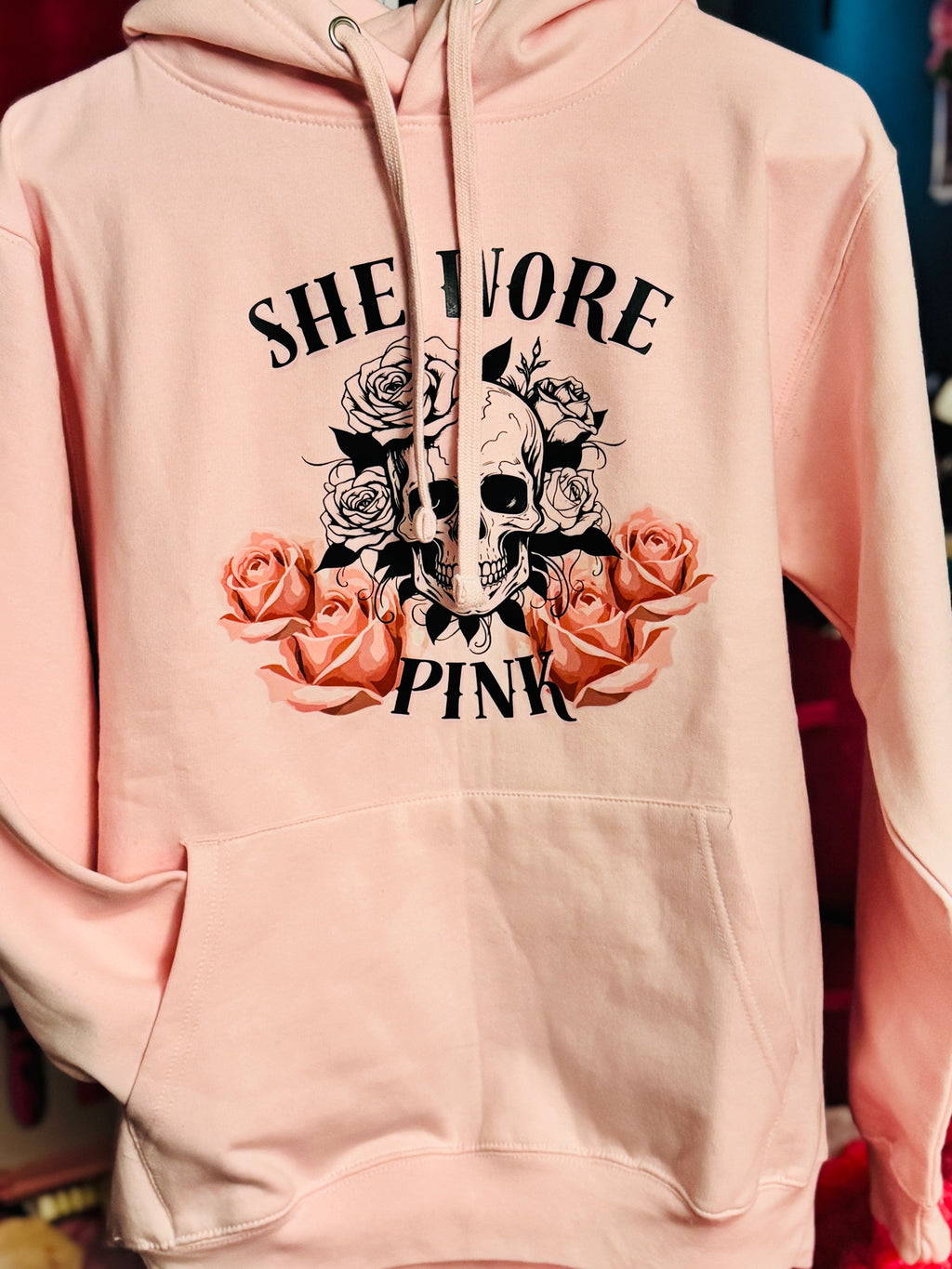 She wore Pink Skull and Roses Hoodie