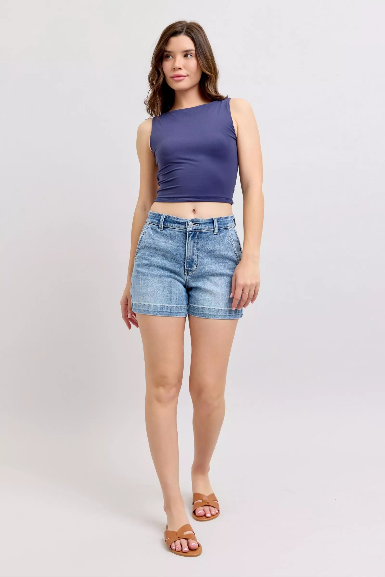 Judy Blue Mid Rise Denim Shorts For Women With Versatile Tailored Trouser Fit And All Day Comfort