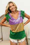 BiBi Mardi Gras Sequin Color Block Ruffled Top For Women Party Glam Shimmer Festive