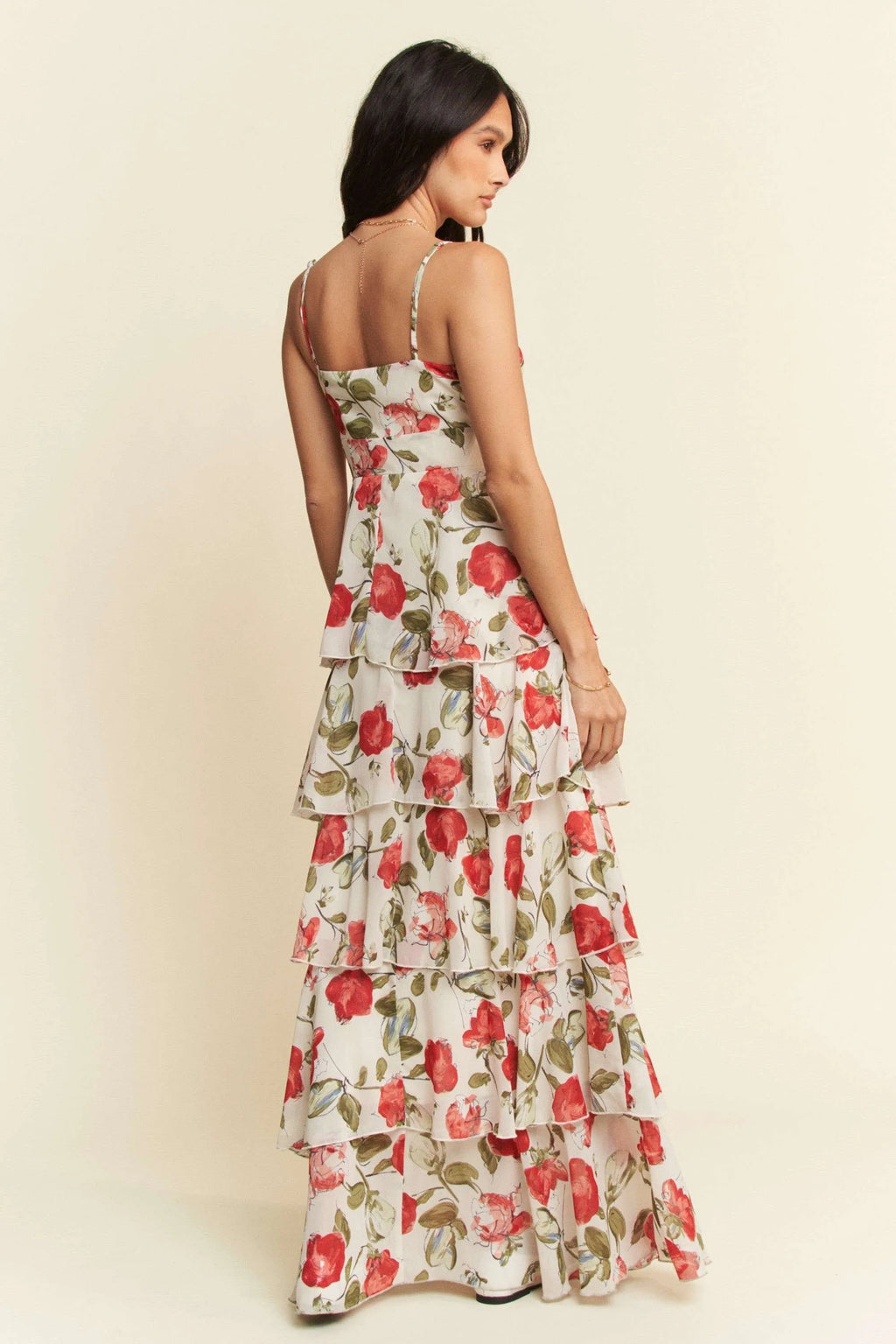 Contrast Ring Lace Layered Ruffle Maxi Cami Dress