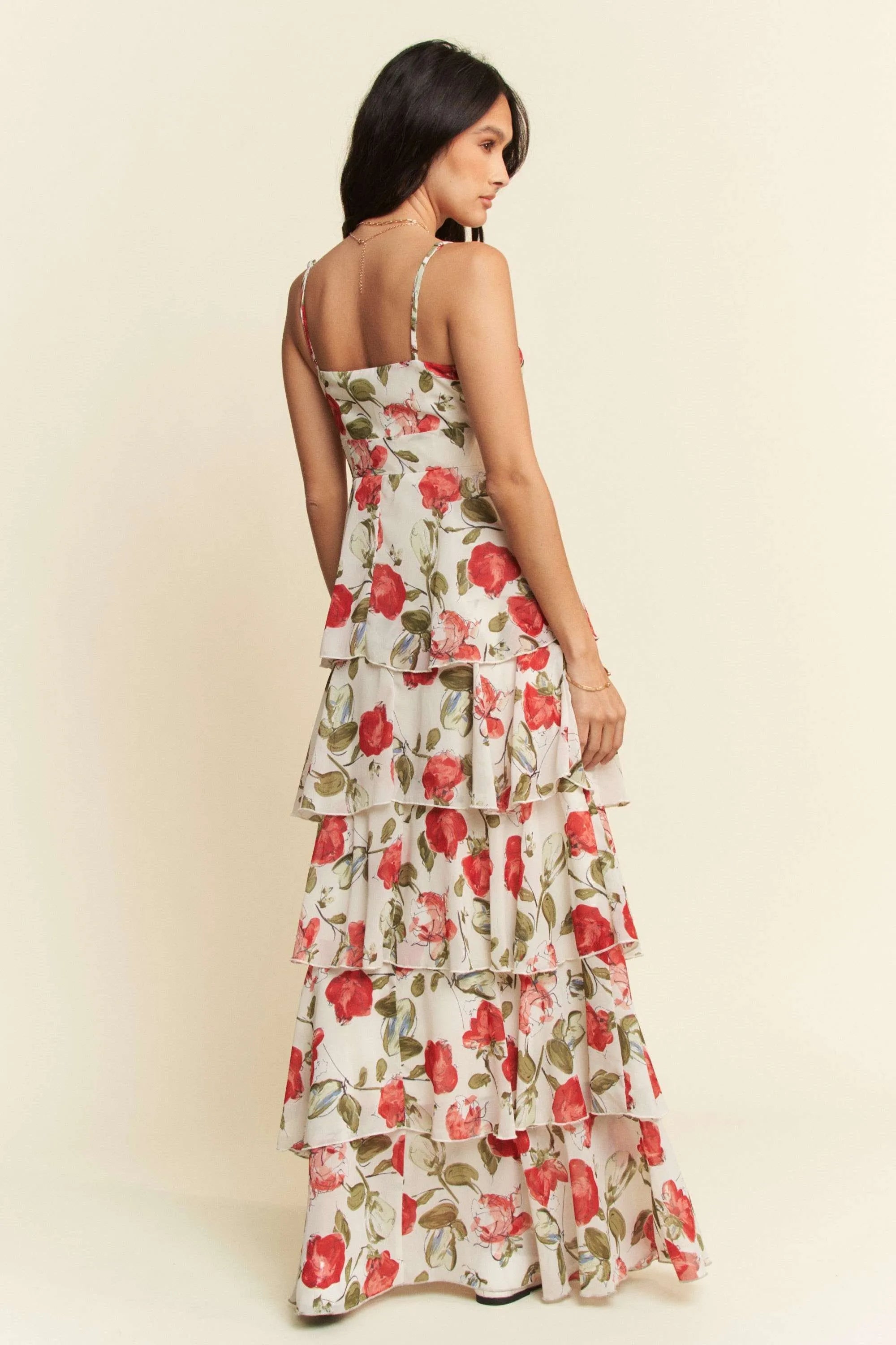 Contrast Ring Lace Layered Ruffle Maxi Cami Dress