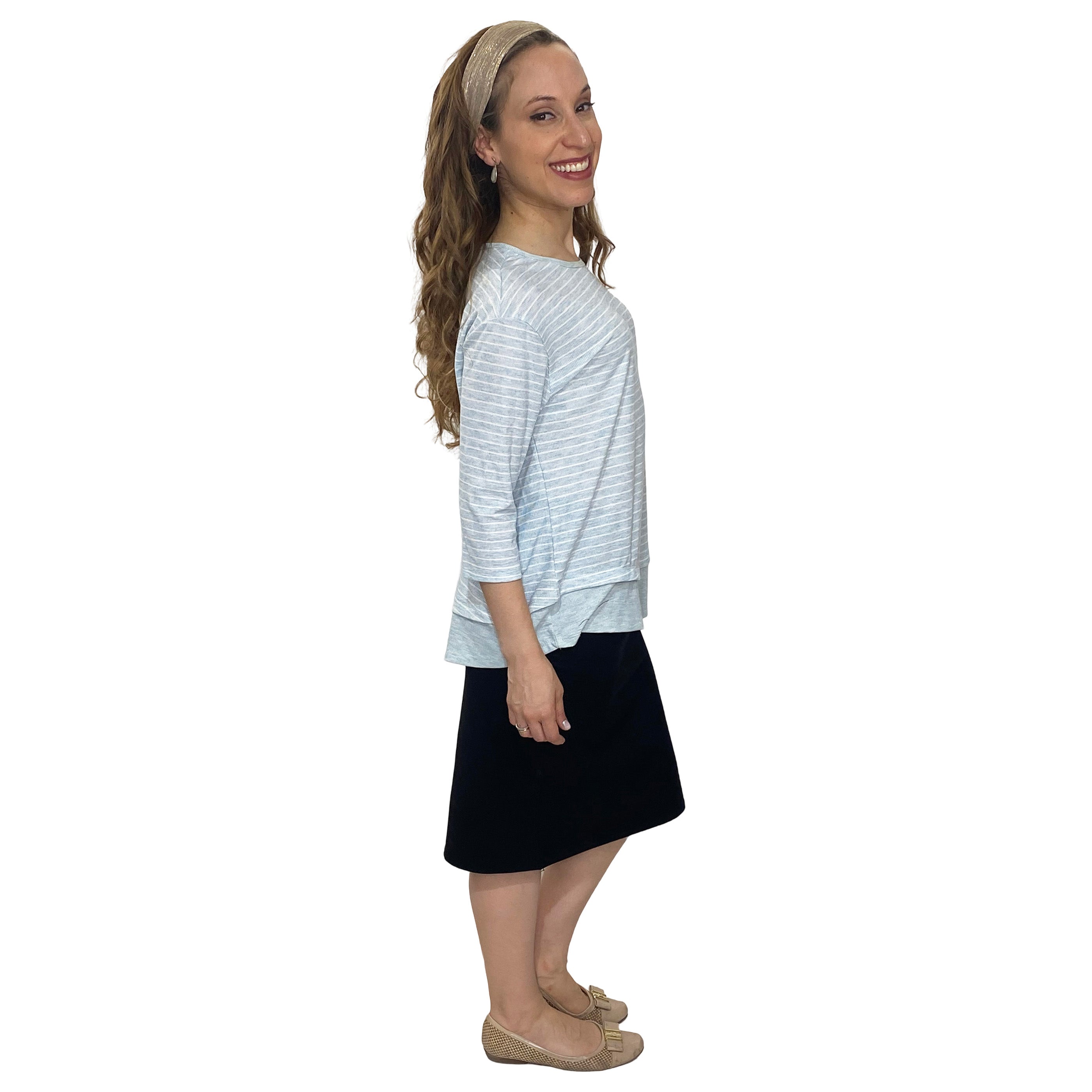 3/4 Sleeve Modest Striped Rib Knit Top with Solid Panel - Hip Length Casual Comfort