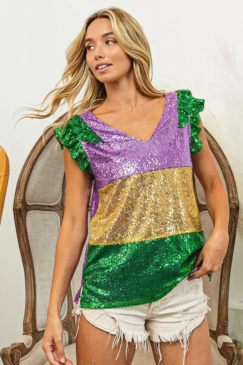 BiBi Mardi Gras Sequin Color Block Ruffled Top For Women Party Glam Shimmer Festive