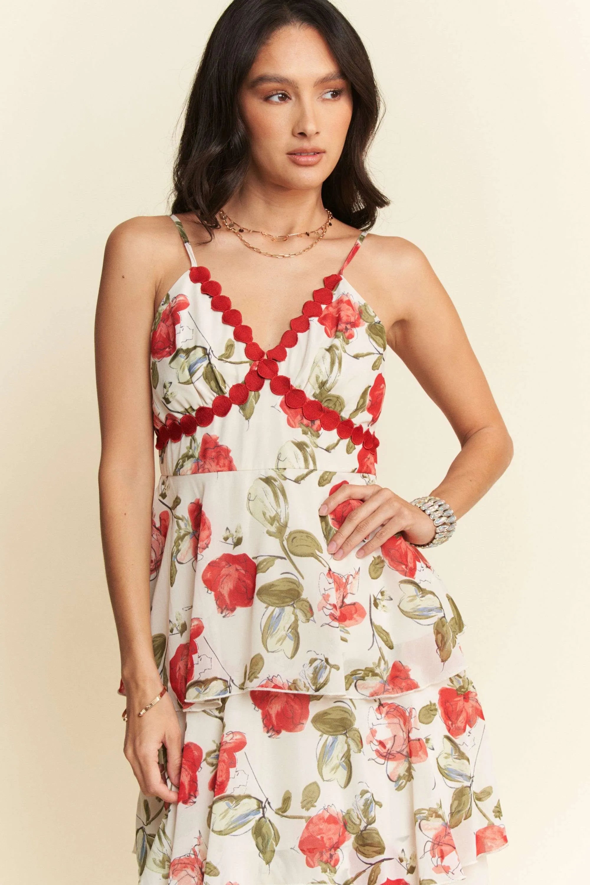 Contrast Ring Lace Layered Ruffle Maxi Cami Dress