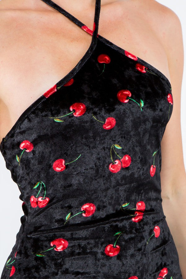 Cherry Printed Velvet Halter Mini Dress