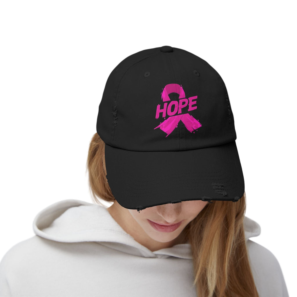 Hope Distressed Cap - Unisex Hat for Awareness, Perfect for Gift, Fundraising Events, Breast Cancer Support, Everyday Style