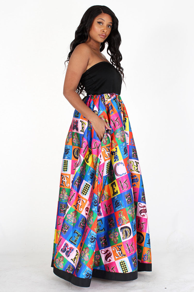 Black & Multicolor Multiprint Tube Maxi  Dress