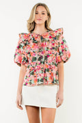 Kinsley- Ruffle Tie Neck Puff Sleeve Floral Top