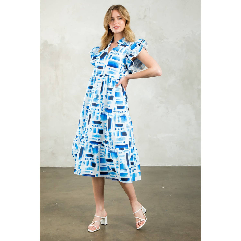 GRACELLE- Flutter Sleeve Print Tiered Midi Dress