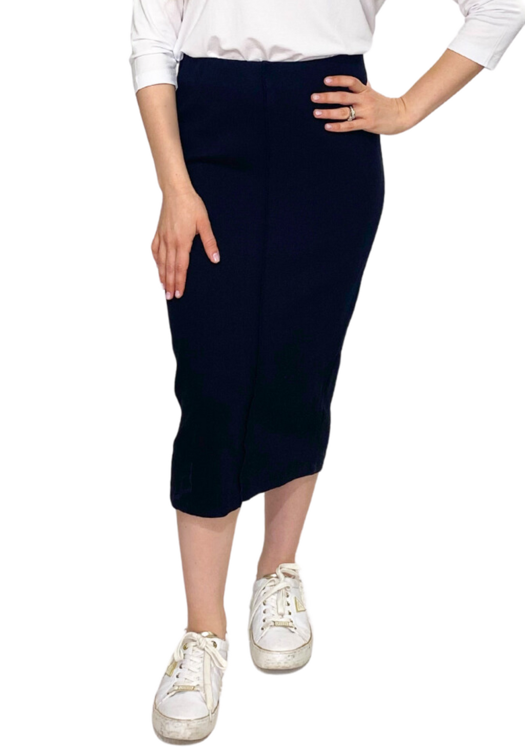 Mid-Calf Cotton Spandex Ribbed Pencil Skirt with Stylish Center Seam