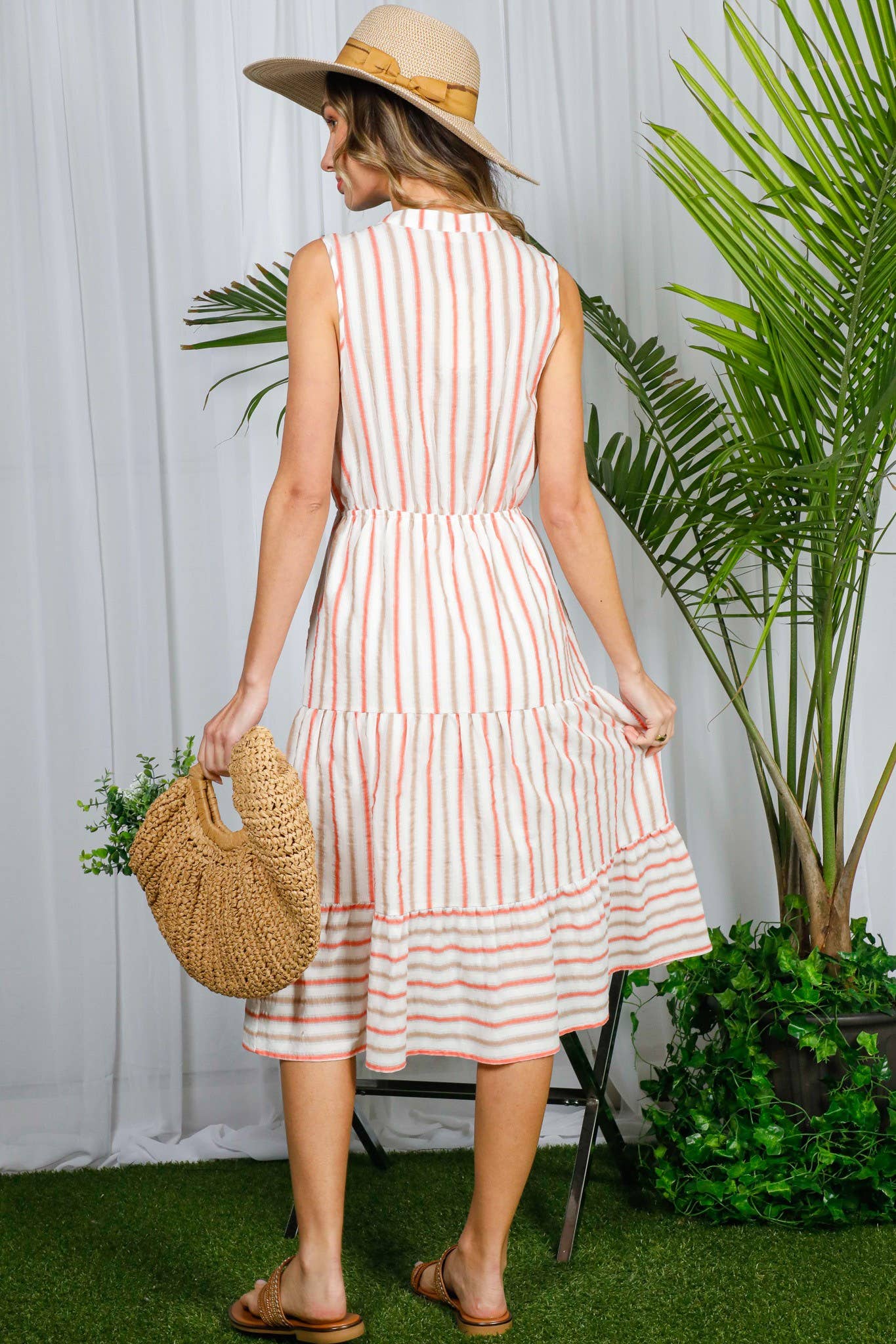 Soleil- Summer- Striped 100% Cotton Tired Midi Dress