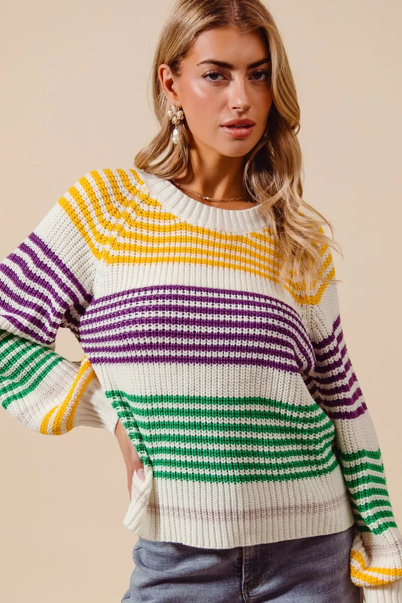 SO ME Mardi Gras Striped Raglan Sweater Top For Women Bold Colors Cozy Knit Giftable Holiday Essential