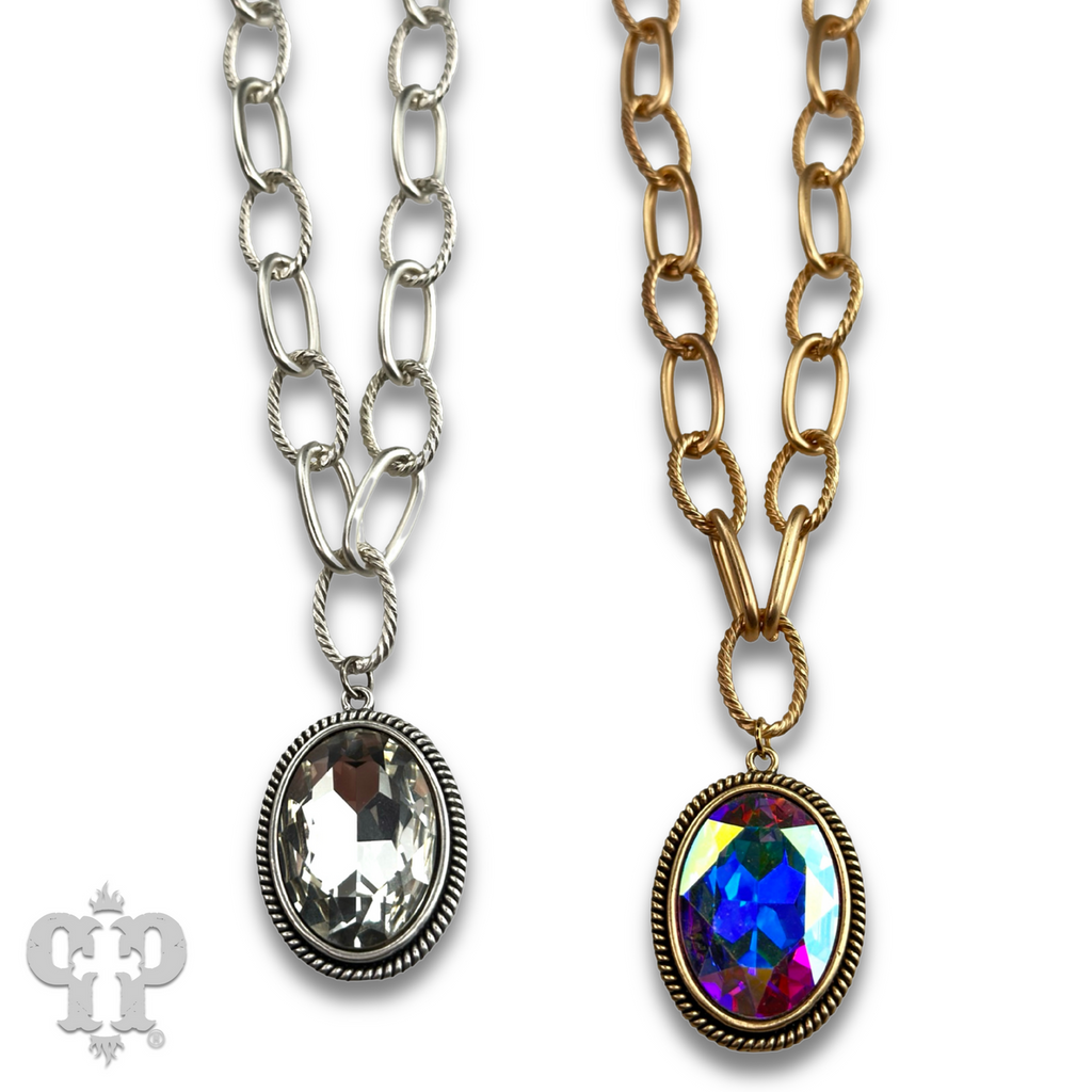 Large oval crystal pendant on chunky chain necklace