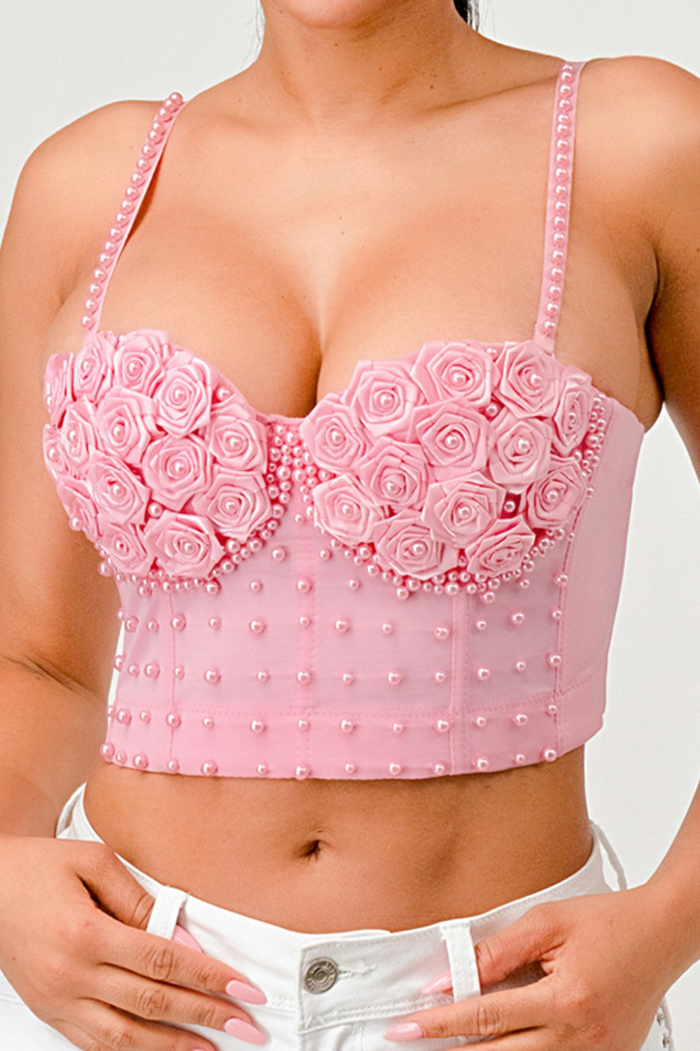 3D Rose & Pearls Embellished Bustier Cropped Top- Pink