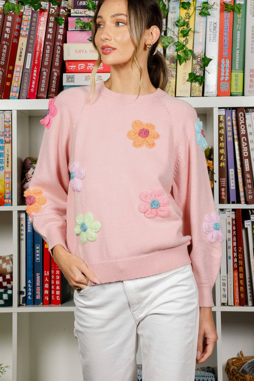 Crew Neck Puff Sleeve Flower Embroidered Sweater