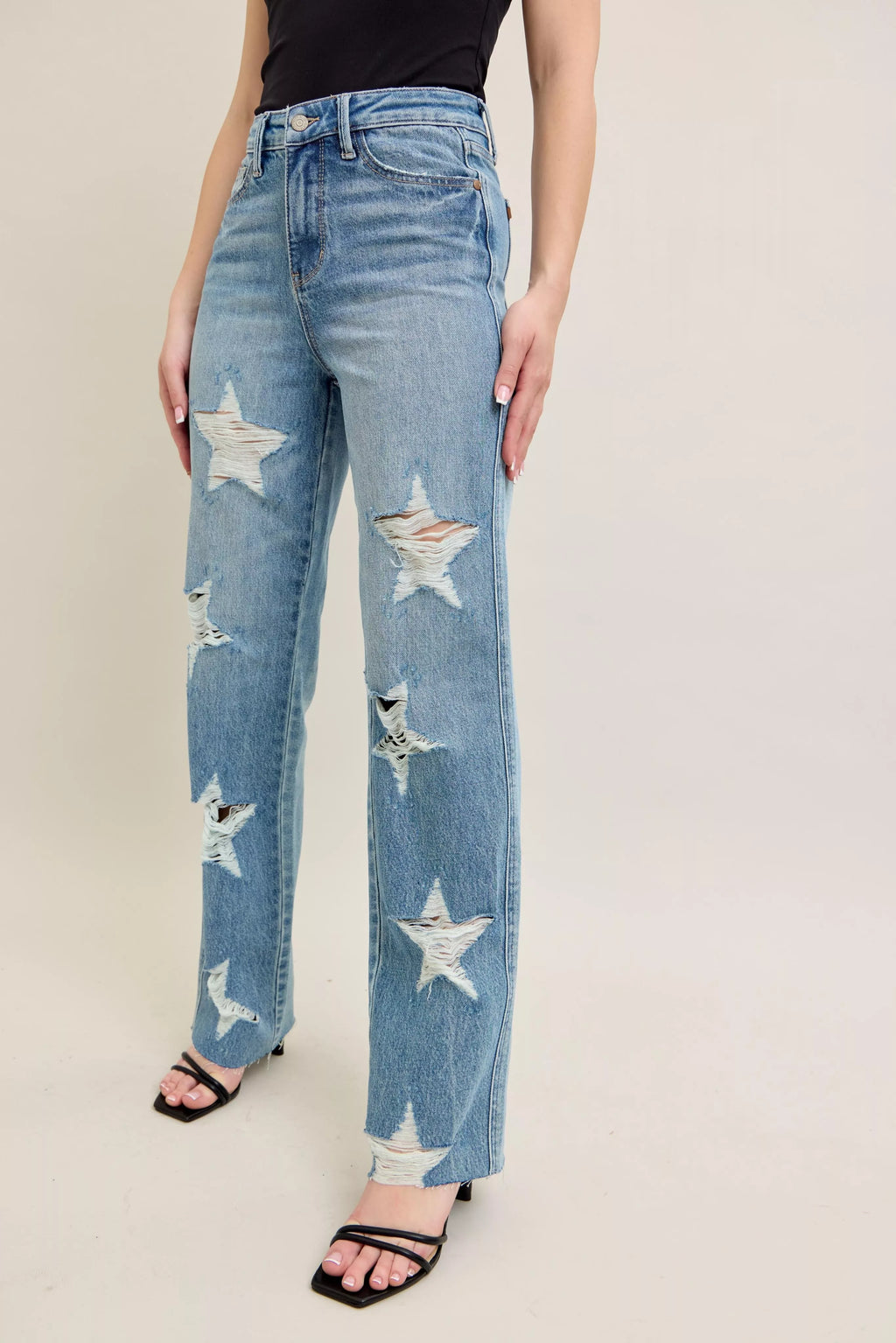 Judy Blue High Waist Rigid Jeans With Edgy Magic Star Destroy Detail 90s Straight Leg Plus Size