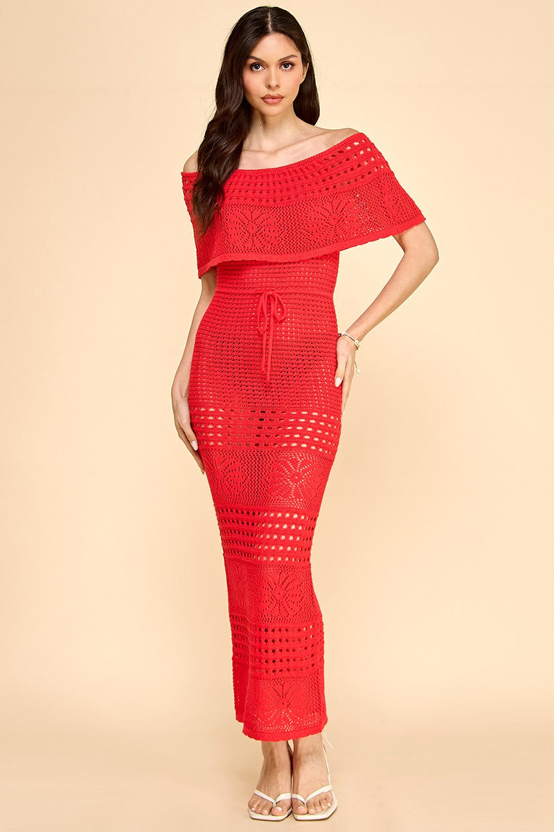 Off the Shoulder Beach Crochet Midi Dress- Red