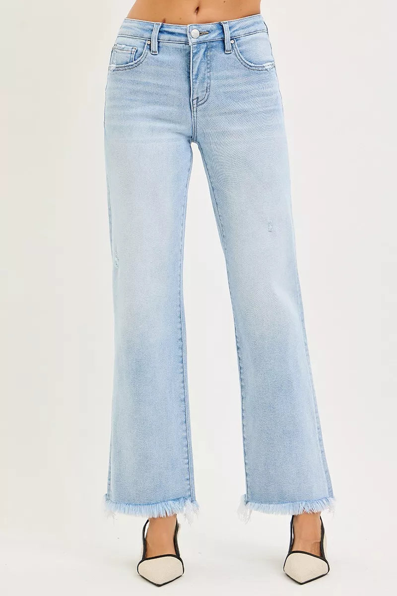 RISEN Tummy Control Jeans For Women Mid Rise Ankle Straight Fray Hem Flattering Comfortable Fit