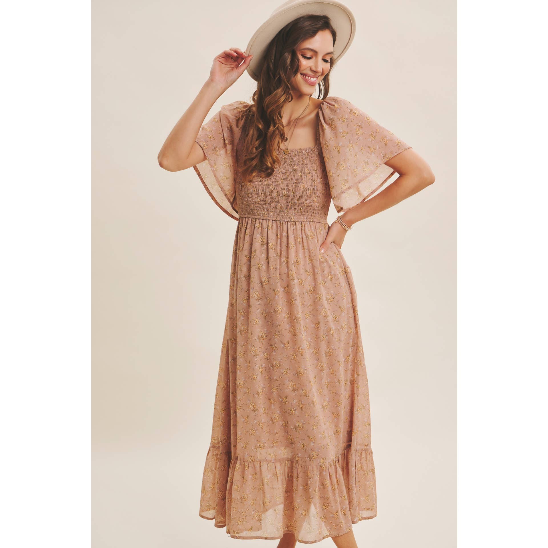 Ariana Square Neck Floral Chiffon Smocked Midi Dress