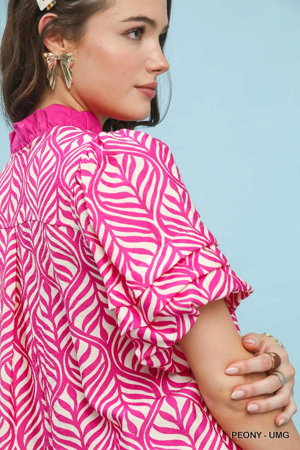 Umgee Printed Puff Sleeve Ruffle Neck Top