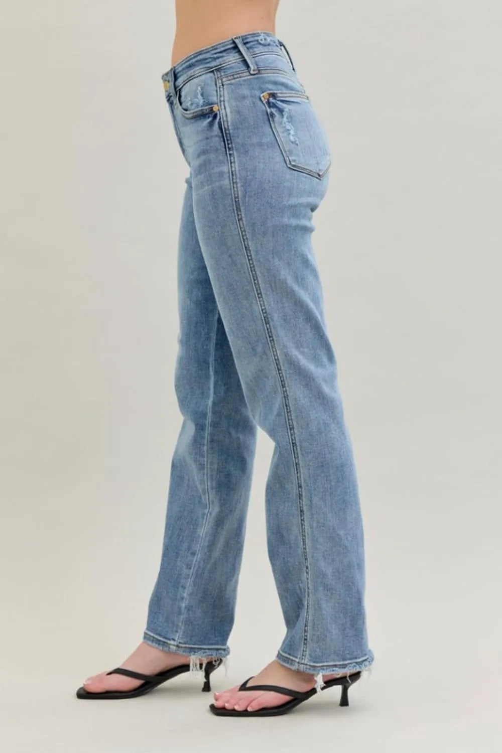 Judy Blue Women Frayed Hem Dad Jeans With Cell Phone Pocket High Waist Straight Leg Comfort