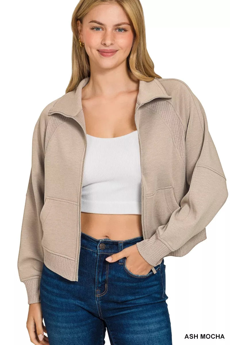 Zenana Scuba Full Zip Cropped Jacket with Pockets