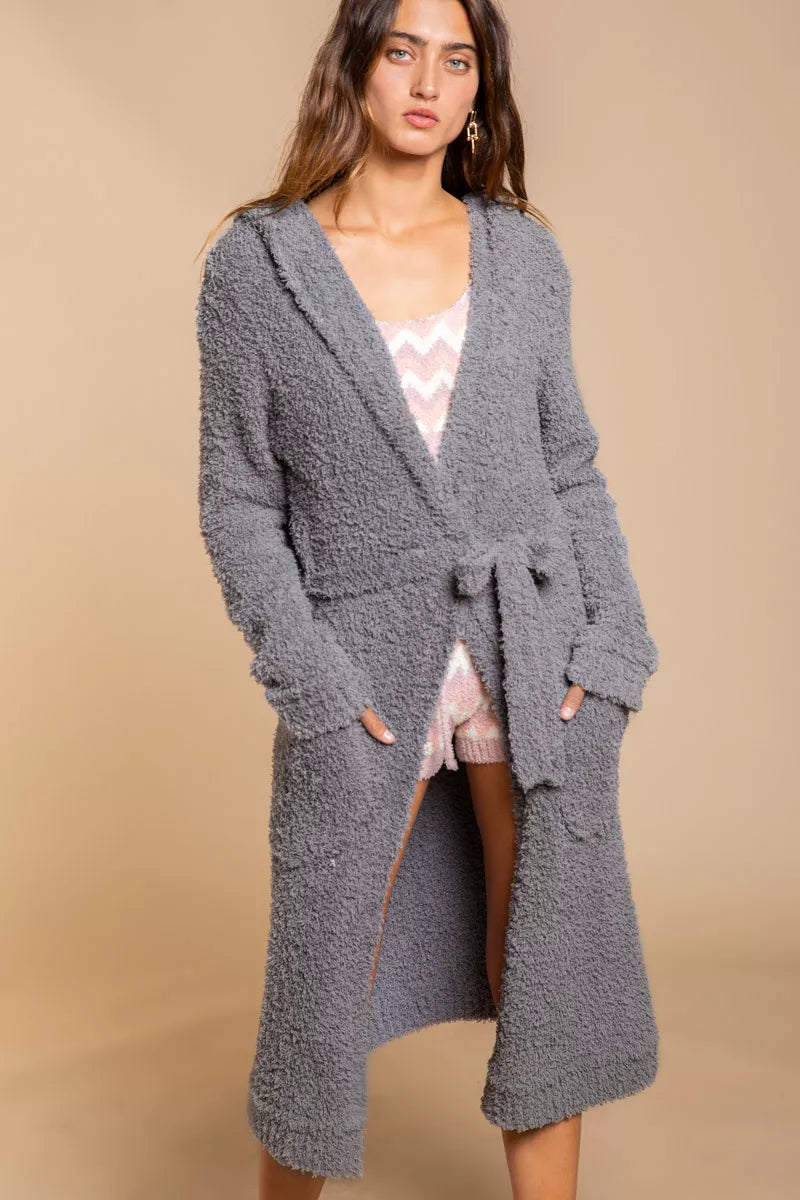 POL Berber fleece Tie Front Tunic Cardigan with Pockets
