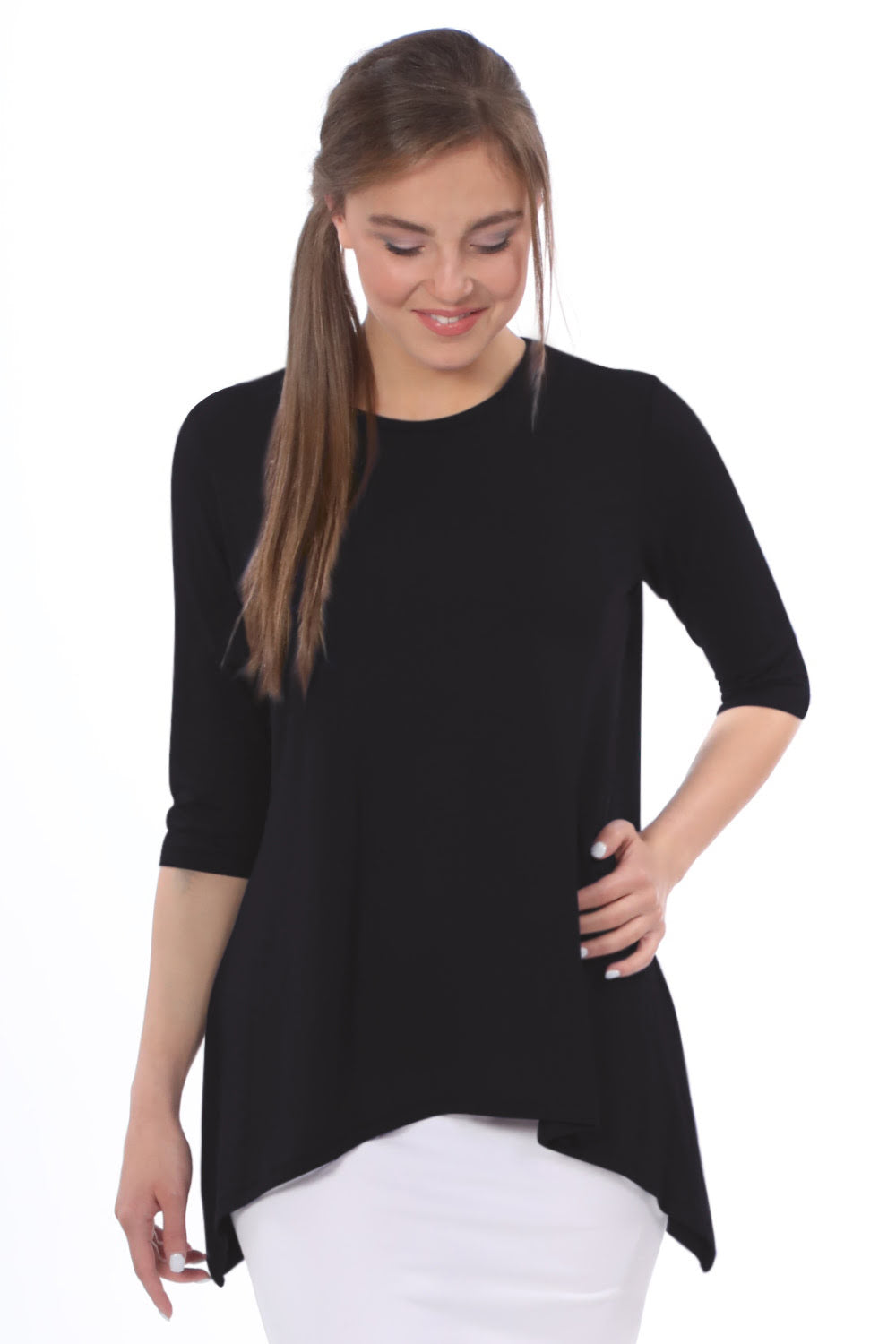 Modest Handkerchief Tunic Top - 3/4 Sleeve Comfort Flow Design - Solid Colors