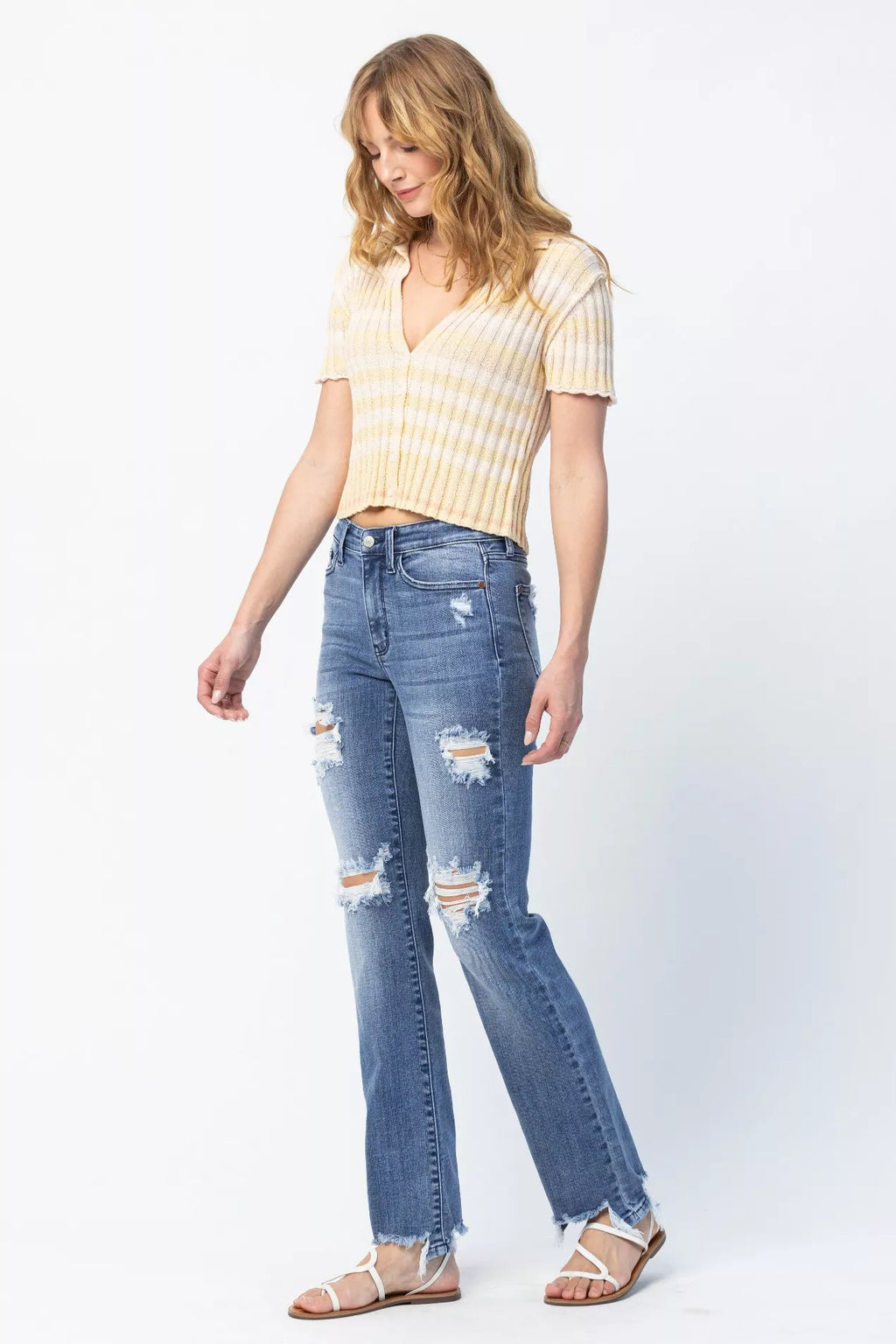 Judy Blue Plus Size Mid Rise Destroyed Straight Jeans Distressed Everyday Look For Women