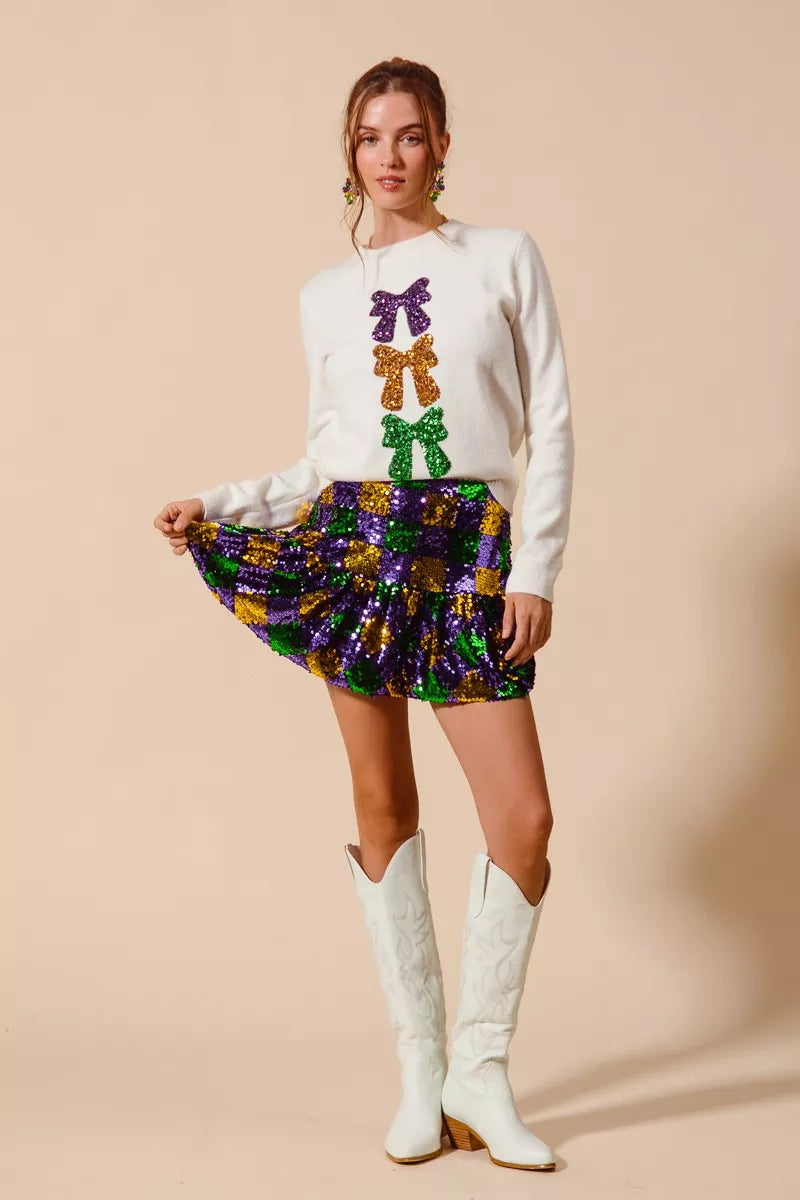 SO ME Mardi Gras Checker Sequins Mini Skirt For Women Sparkling Festive Party Statement