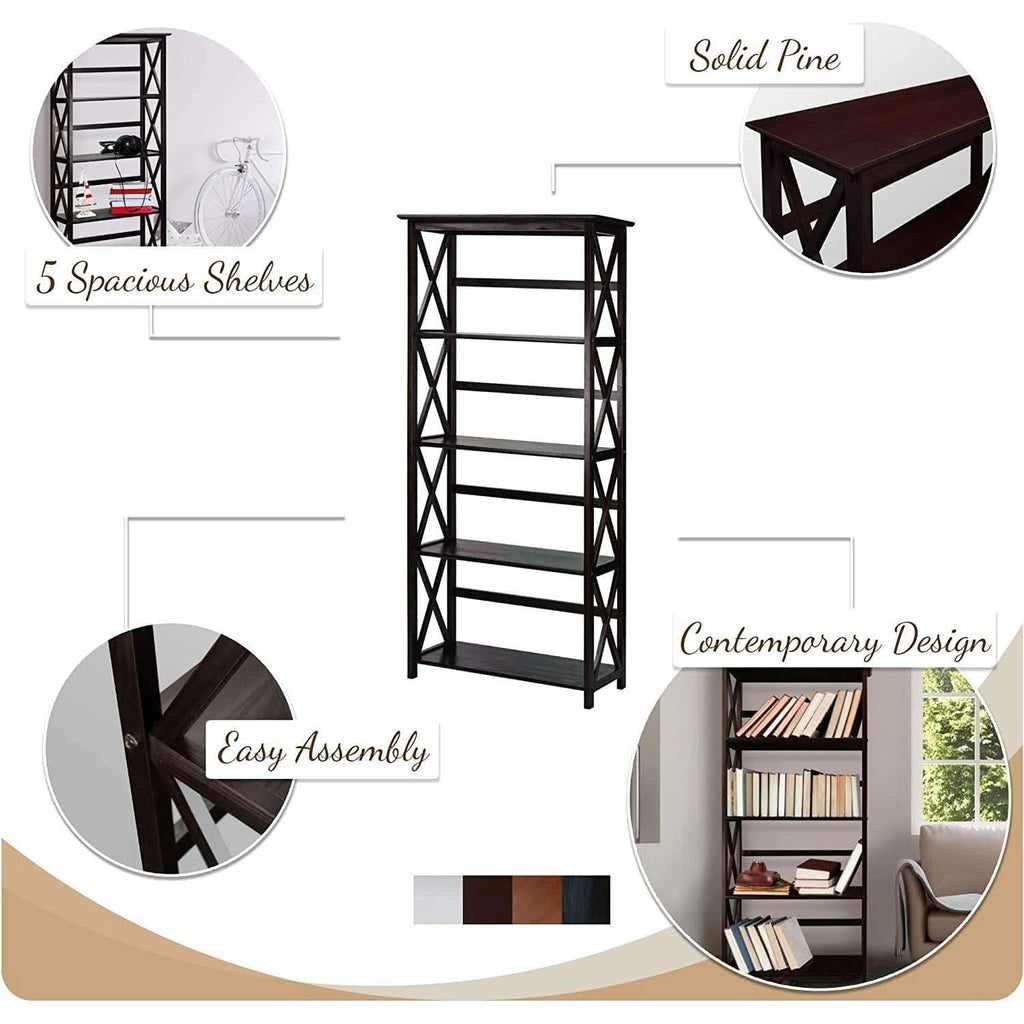 Espresso Montego Five Shelf Bookcase With X Design