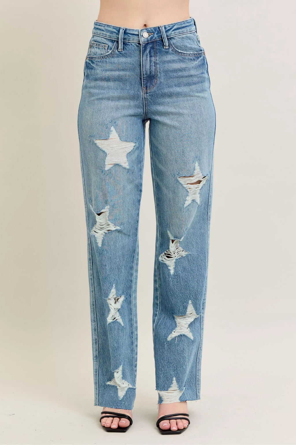 Judy Blue High Waist Rigid Jeans With Edgy Magic Star Destroy Detail 90s Straight Leg Plus Size