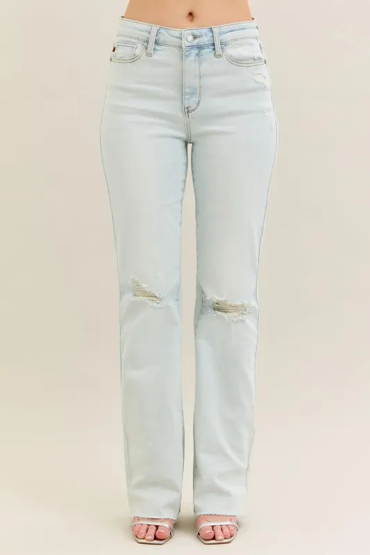 Judy Blue Plus Size Destroy And Fray Hem Bootcut Jeans High Rise Premium Stretch Denim