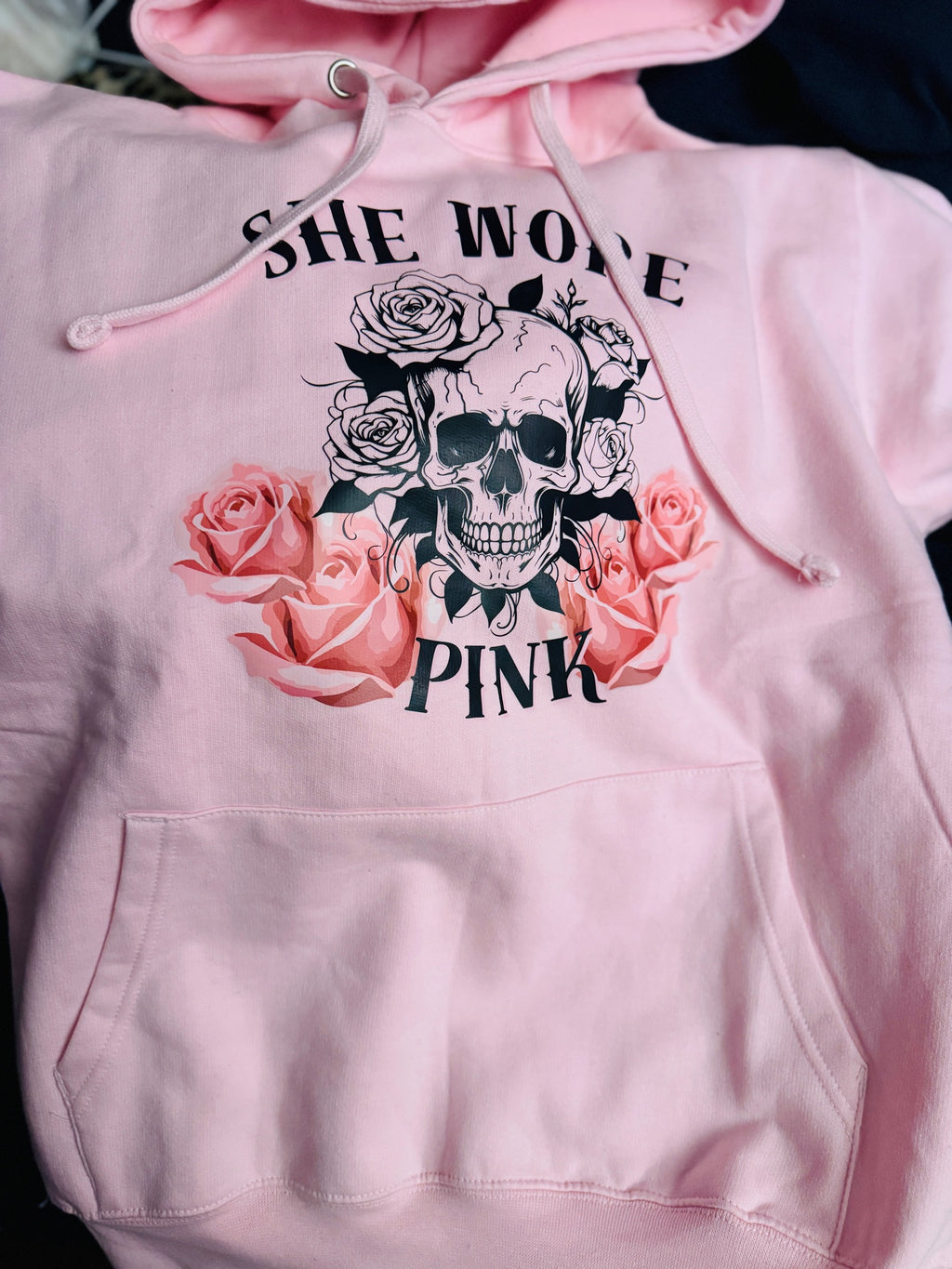 She wore Pink Skull and Roses Hoodie
