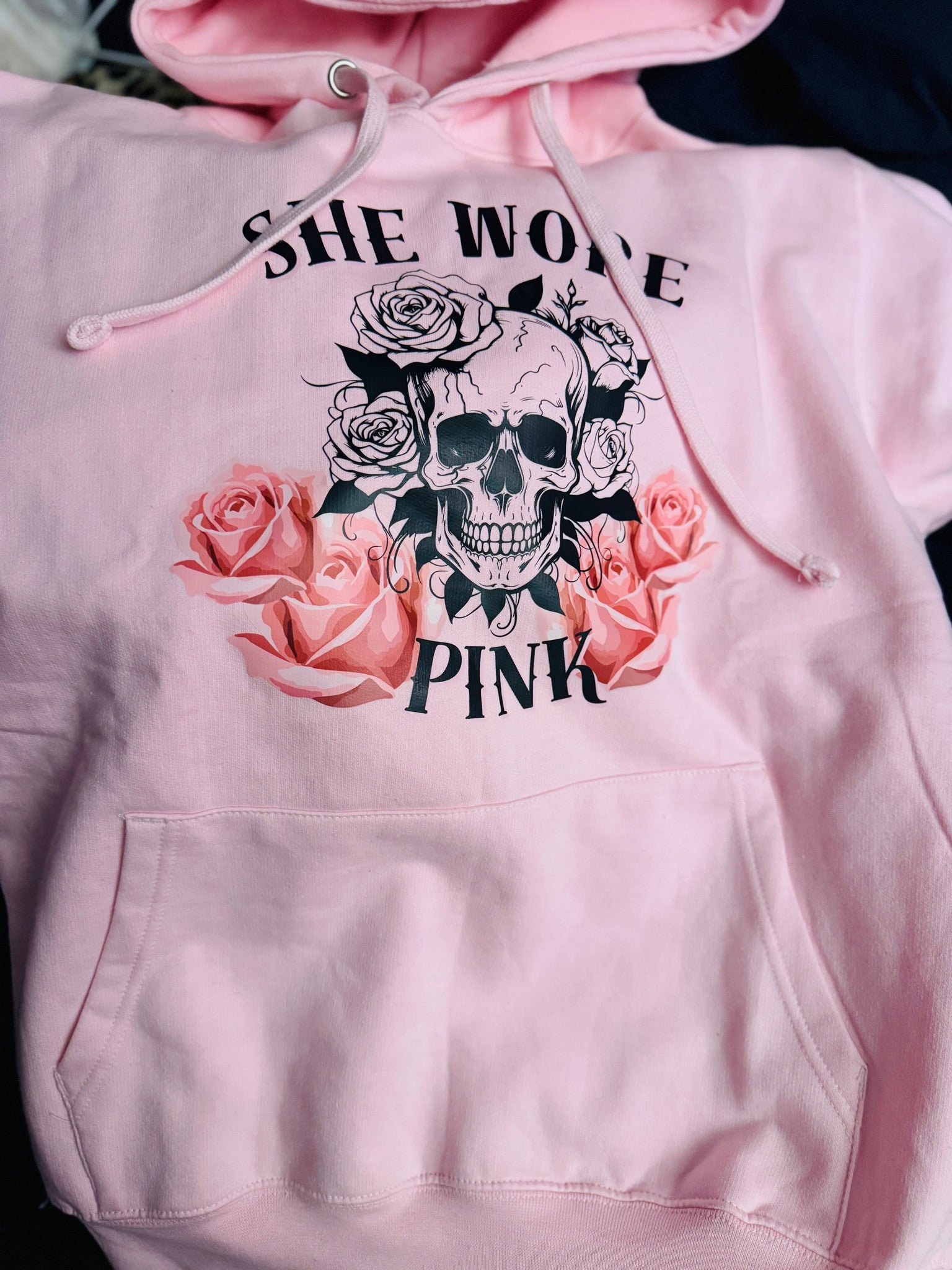 She wore Pink Skull and Roses Hoodie